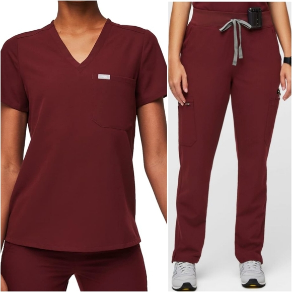 Figs Tops - {L/LP} Figs Burgundy Catarina One Pocket Top Livingston Basic Drawstring Pants